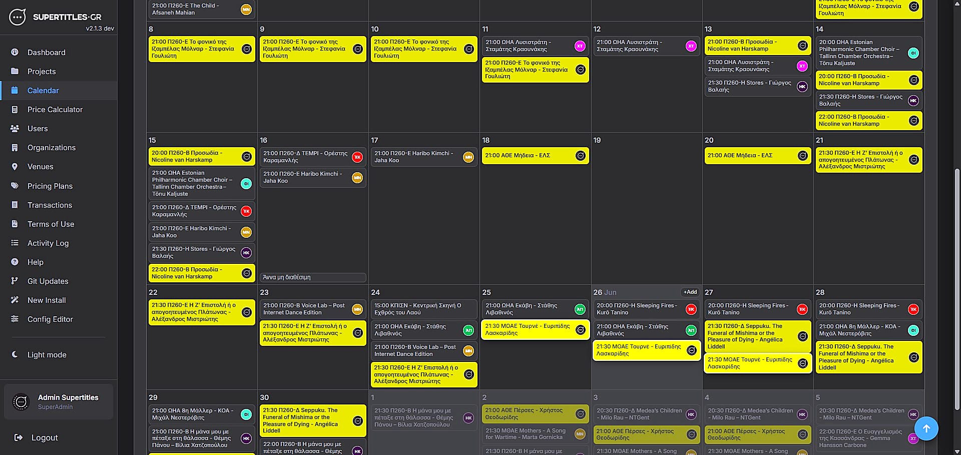 SuperTitles performance calendar with team assignments