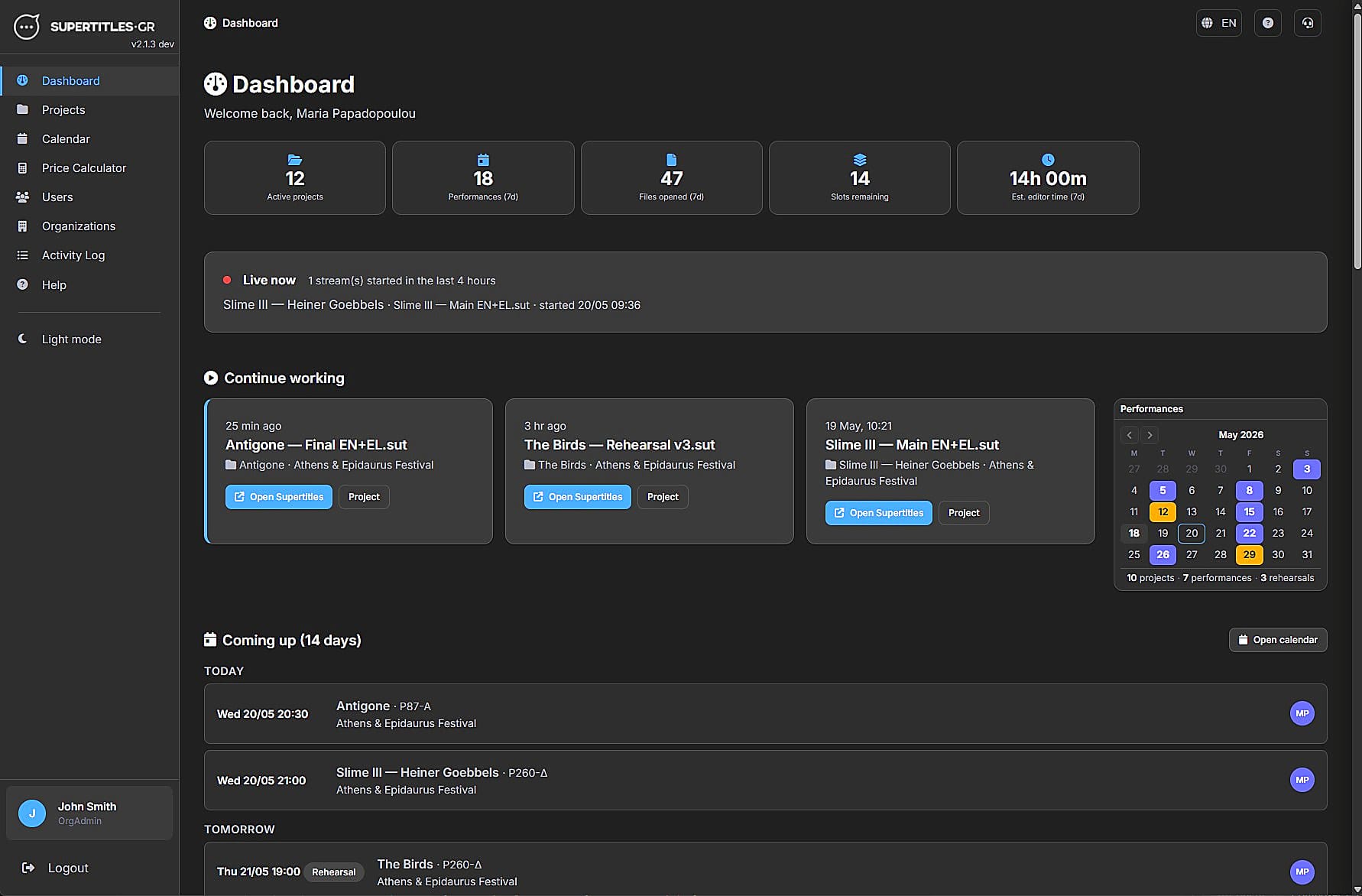 SuperTitles cloud platform dashboard